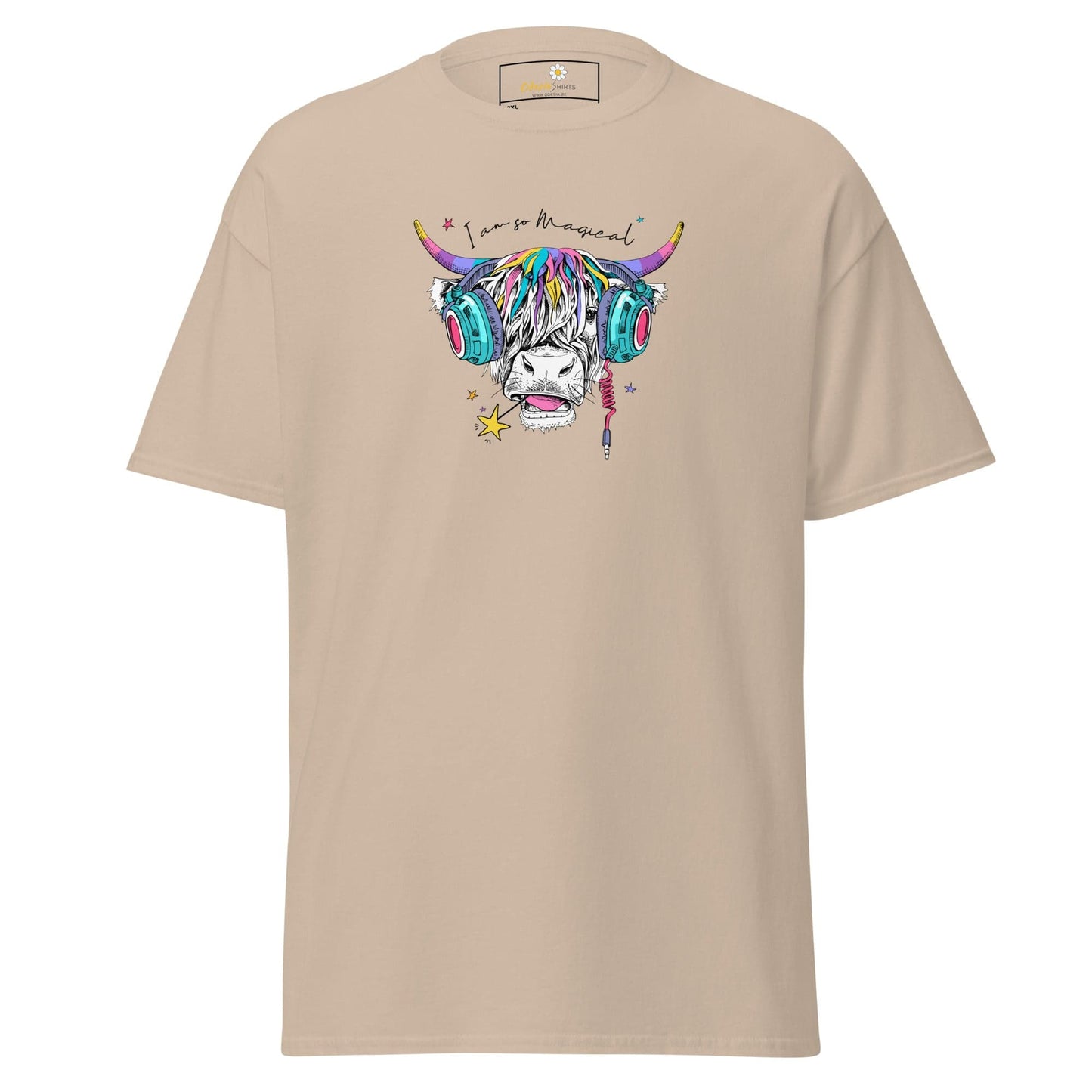 Beige t-shirt with colorful cow graphic.
