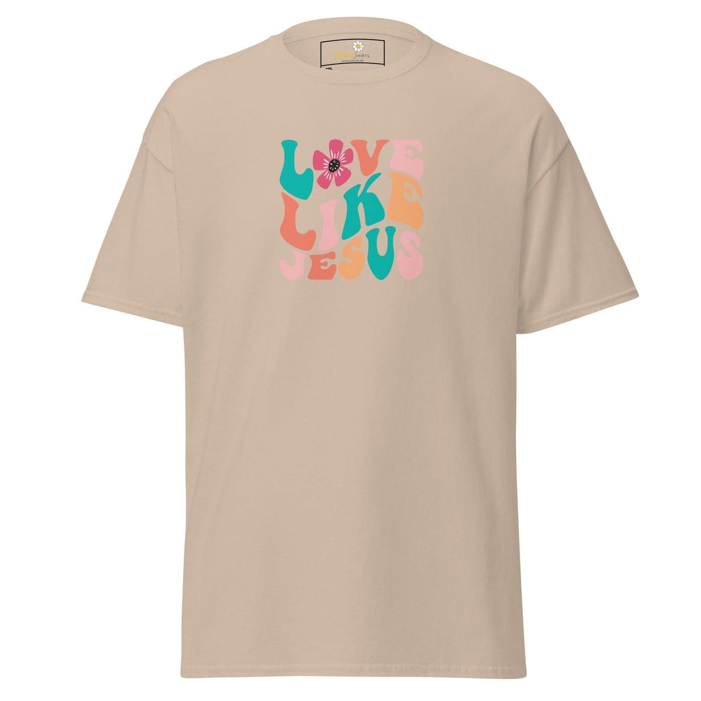 Beige T-shirt with colorful Love Like Jesus graphic for men and women in 2XL to 5XL sizes