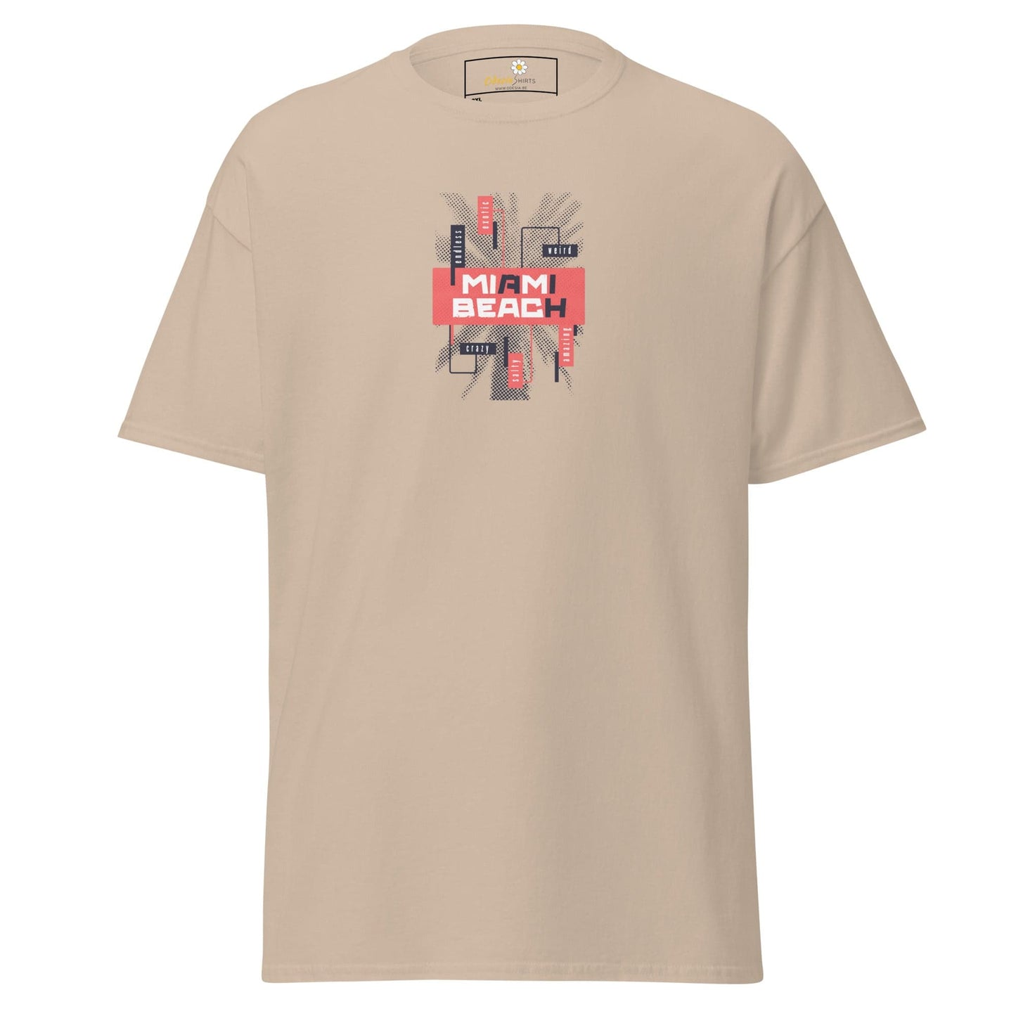 Beige t-shirt featuring Miami Beach graphic from T-SHIRT DESIGN TEE for men and women