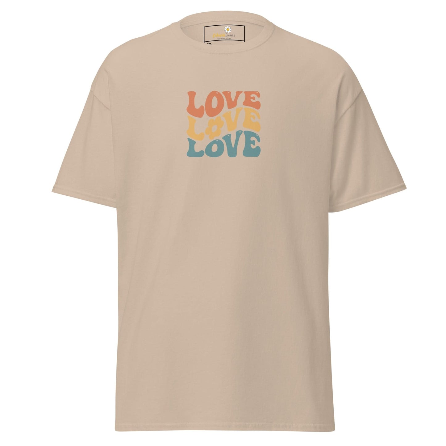 Beige t-shirt with stacked ’love’ text.