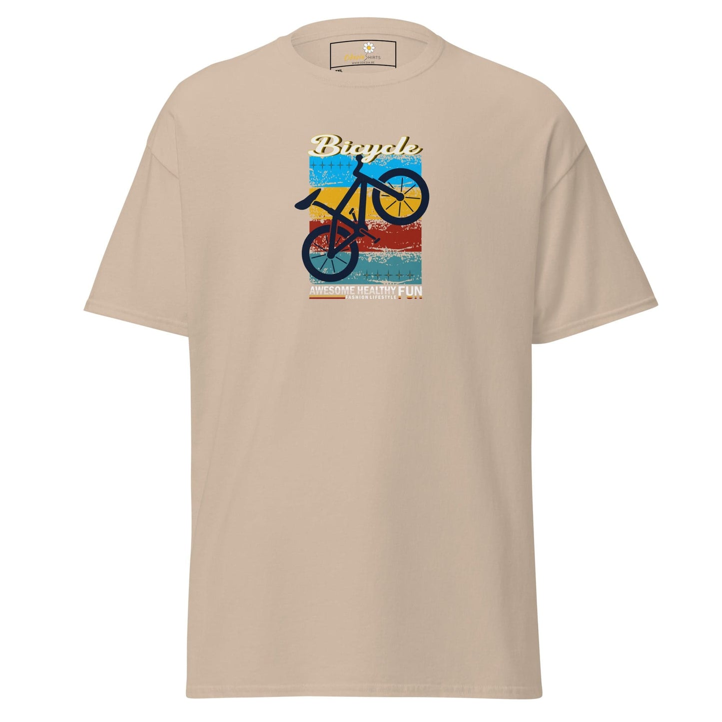Beige T-shirt with bicycle graphic for men and women in sizes 2XL to 5XL