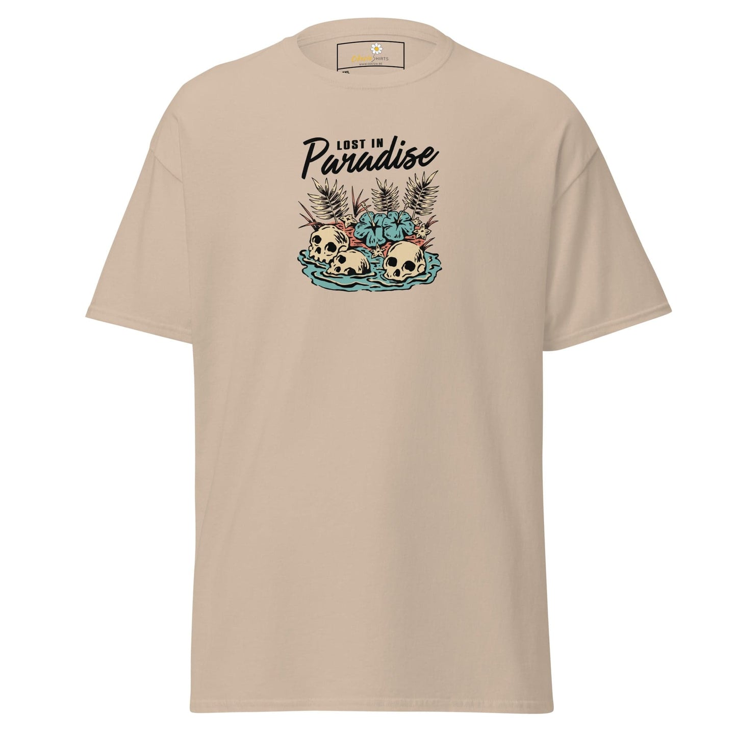 Beige T-shirt with Lost in Paradise graphic from T-SHIRT DESIGN TEE for Men and Women