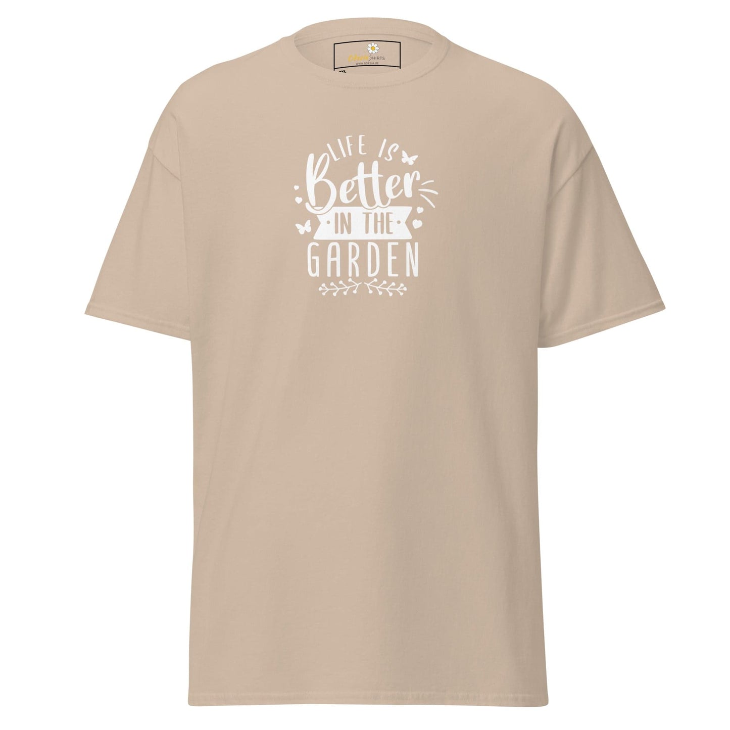Beige t-shirt with ’Life is better in the garden’ graphic.