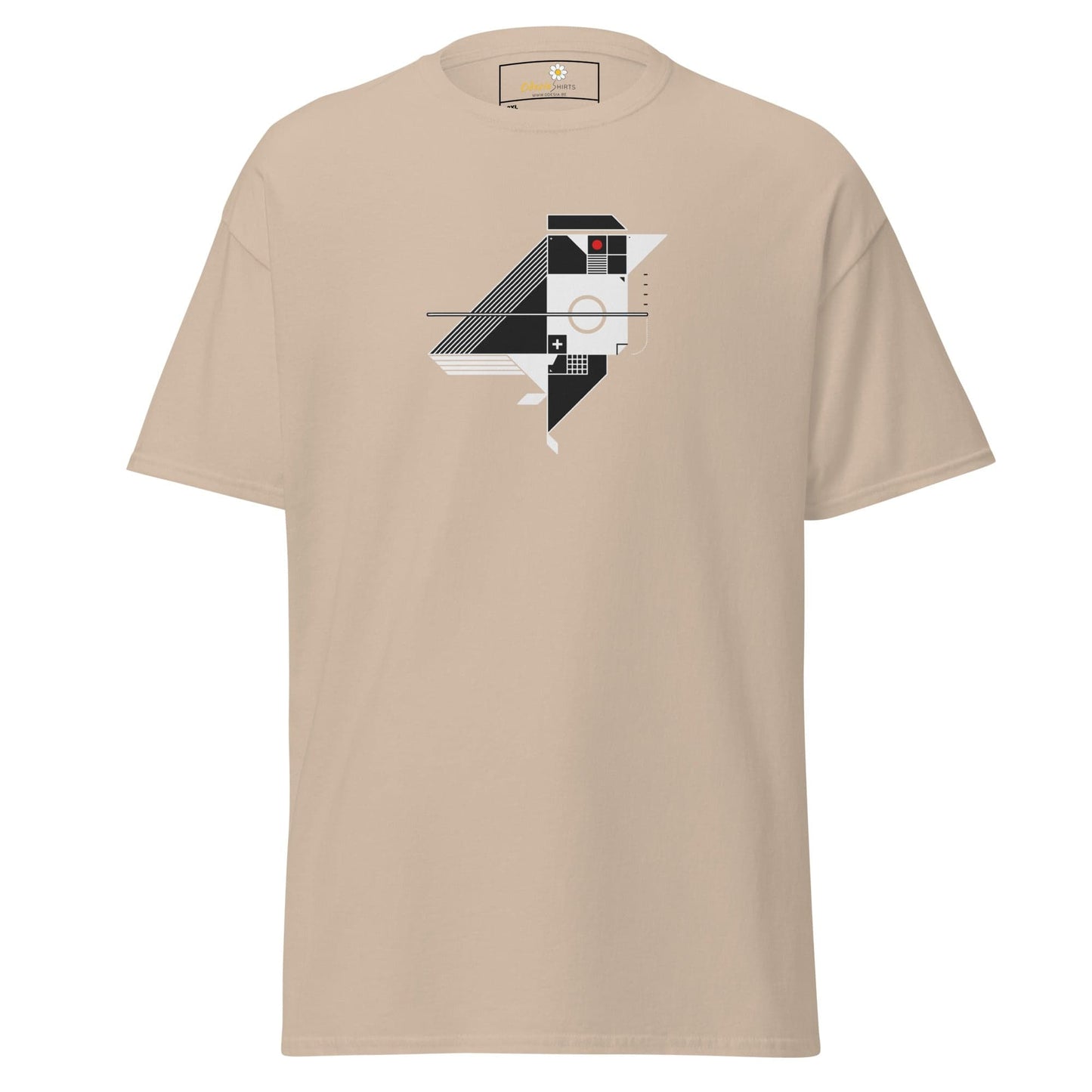 Beige t-shirt with geometric design.