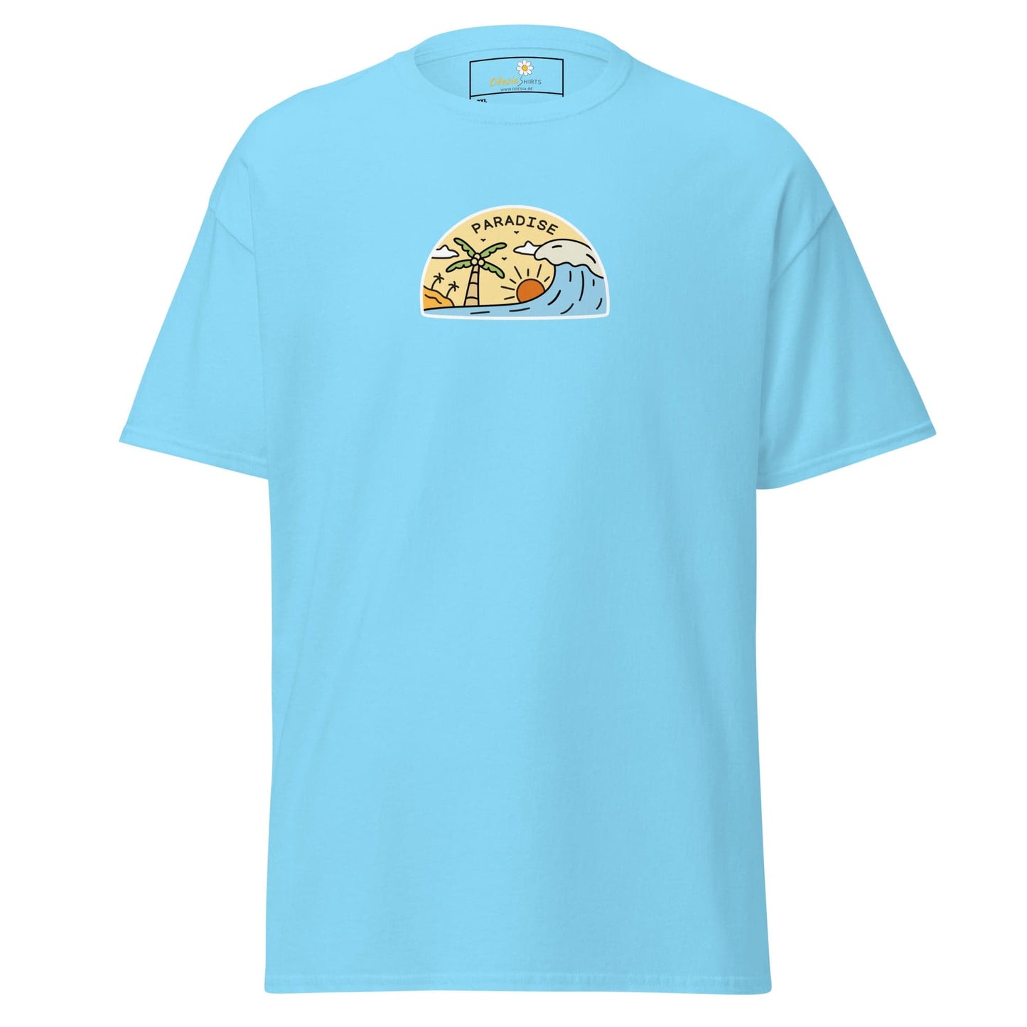 Light blue t-shirt with a beach scene.