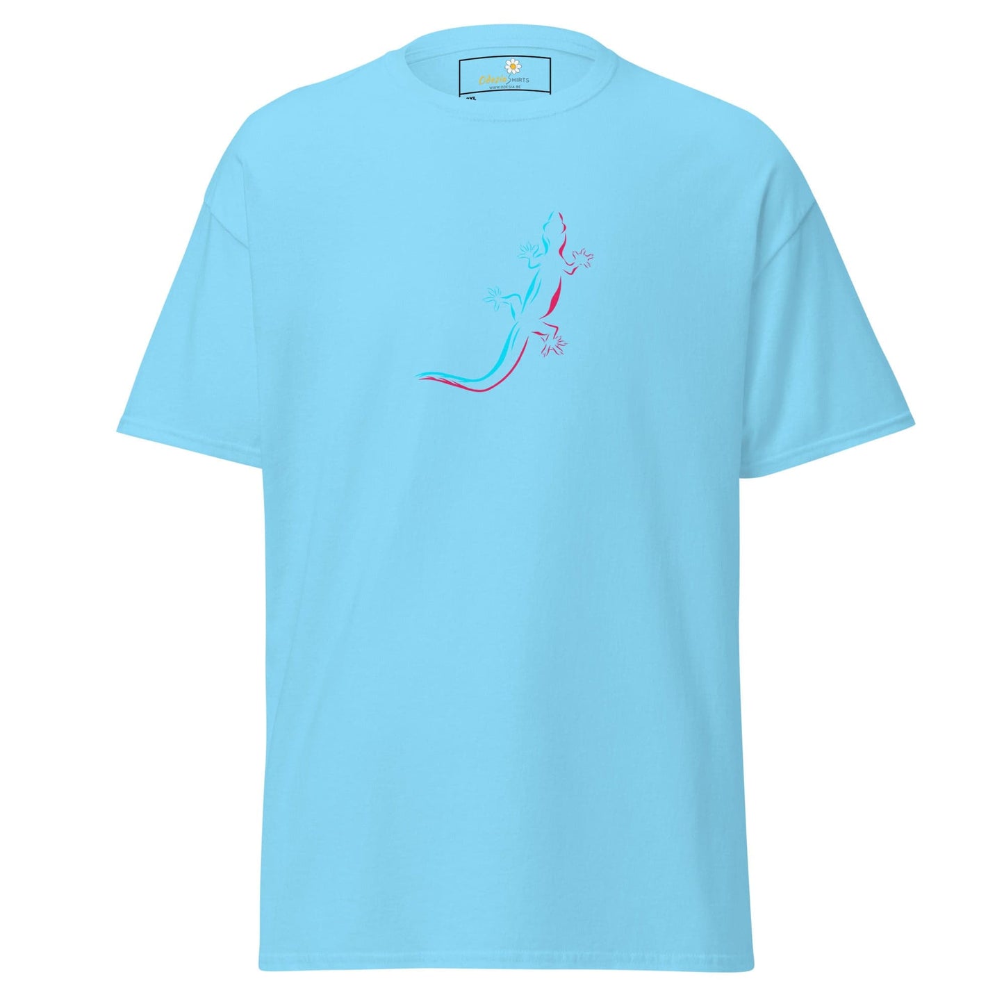 Light blue t-shirt with lizard design.