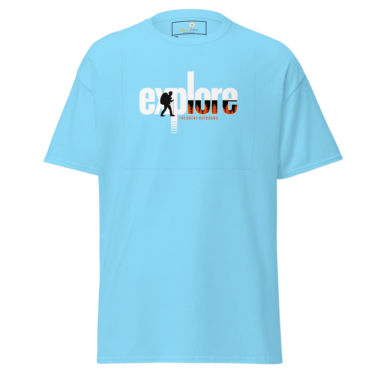 Light blue t-shirt with ’explore’ graphic.