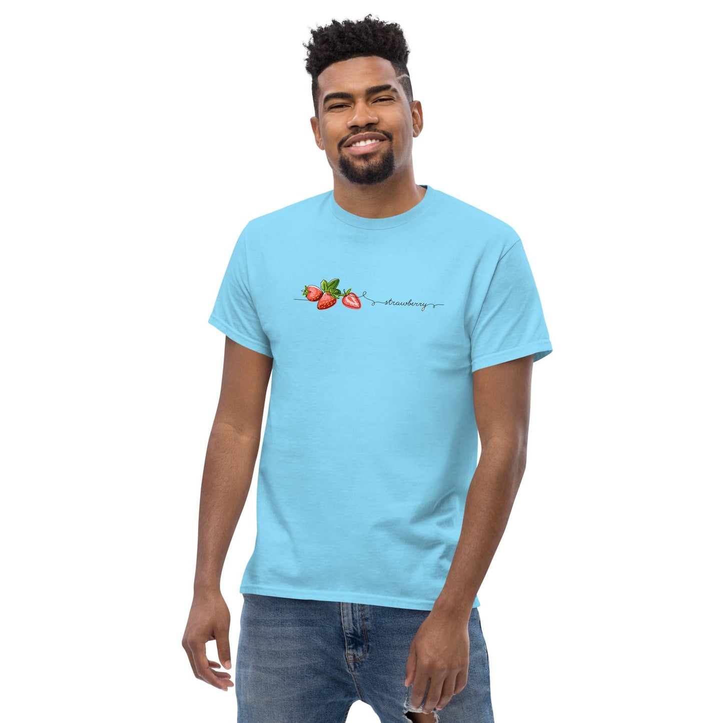 Light blue t-shirt with strawberry design.