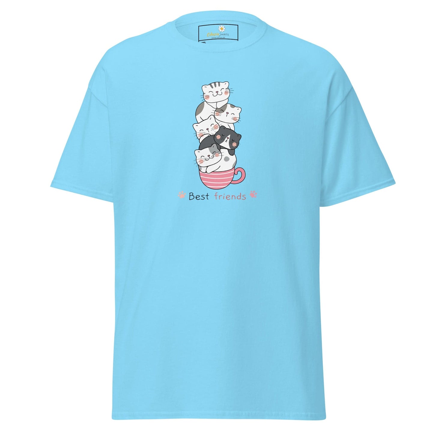 Light blue T-shirt featuring a cats in a cup design for men and women in 2XL to 5XL sizes