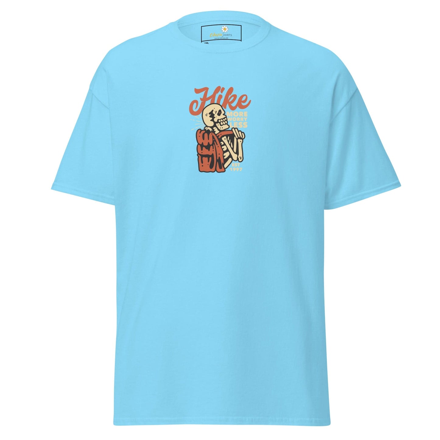 Light blue t-shirt with skeleton hiker graphic.