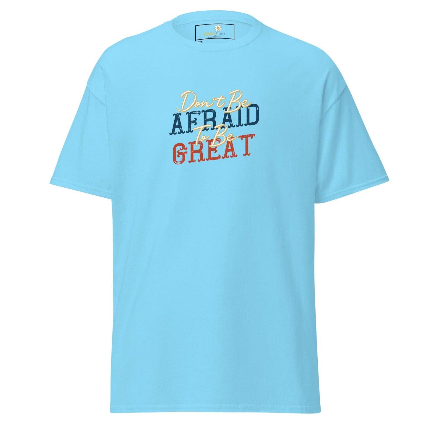 Light blue t-shirt with inspirational text for men and women in sizes 2XL to 5XL