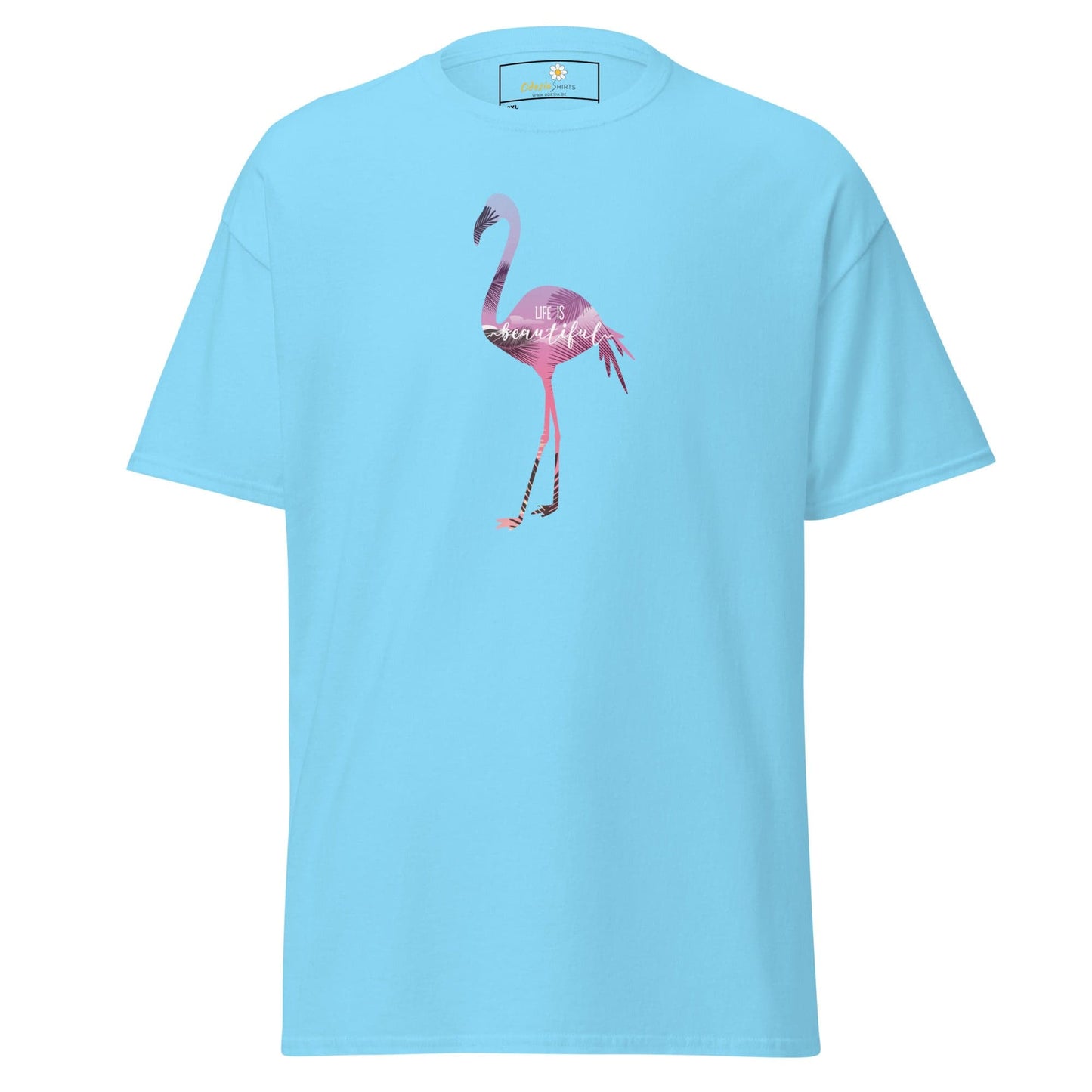 Light blue T-shirt with flamingo design from T-SHIRT DESIGN TEE for Men and Women in 2XL to 5XL