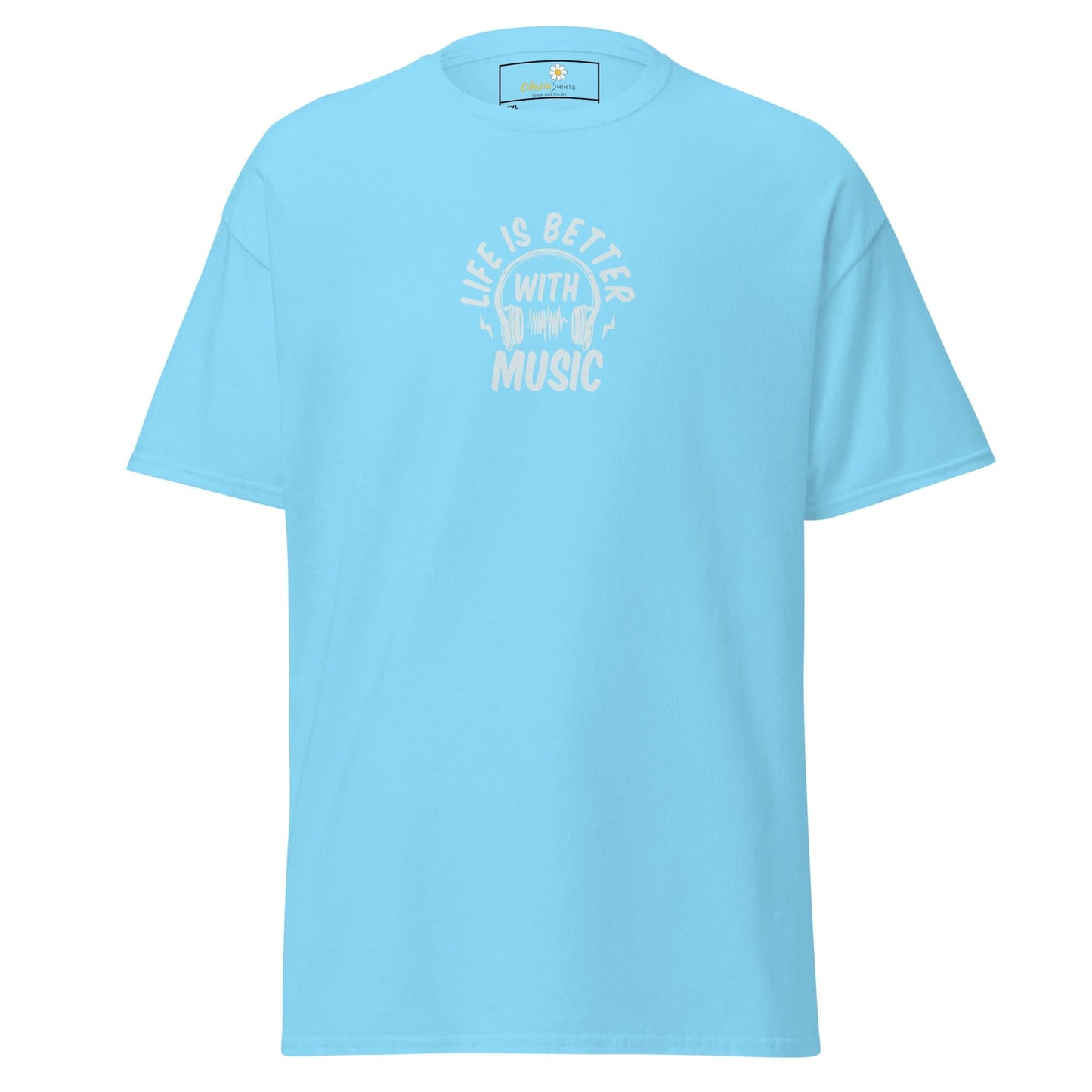 Light blue T-shirt with music graphic available in Men and Women sizes 2XL to 5XL