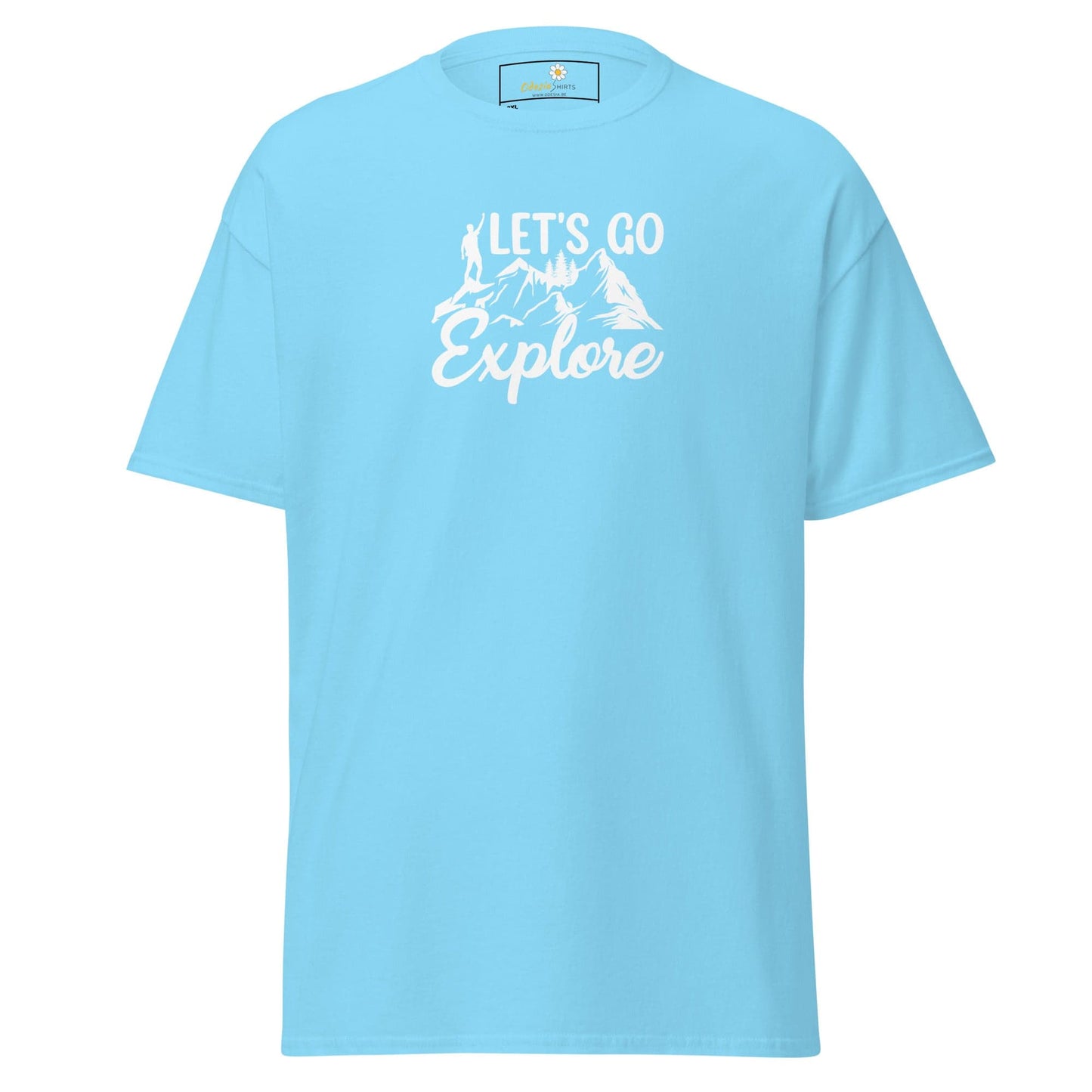 Light blue T-shirt with Let’s Go Explore graphic for men and women in 2XL to 5XL