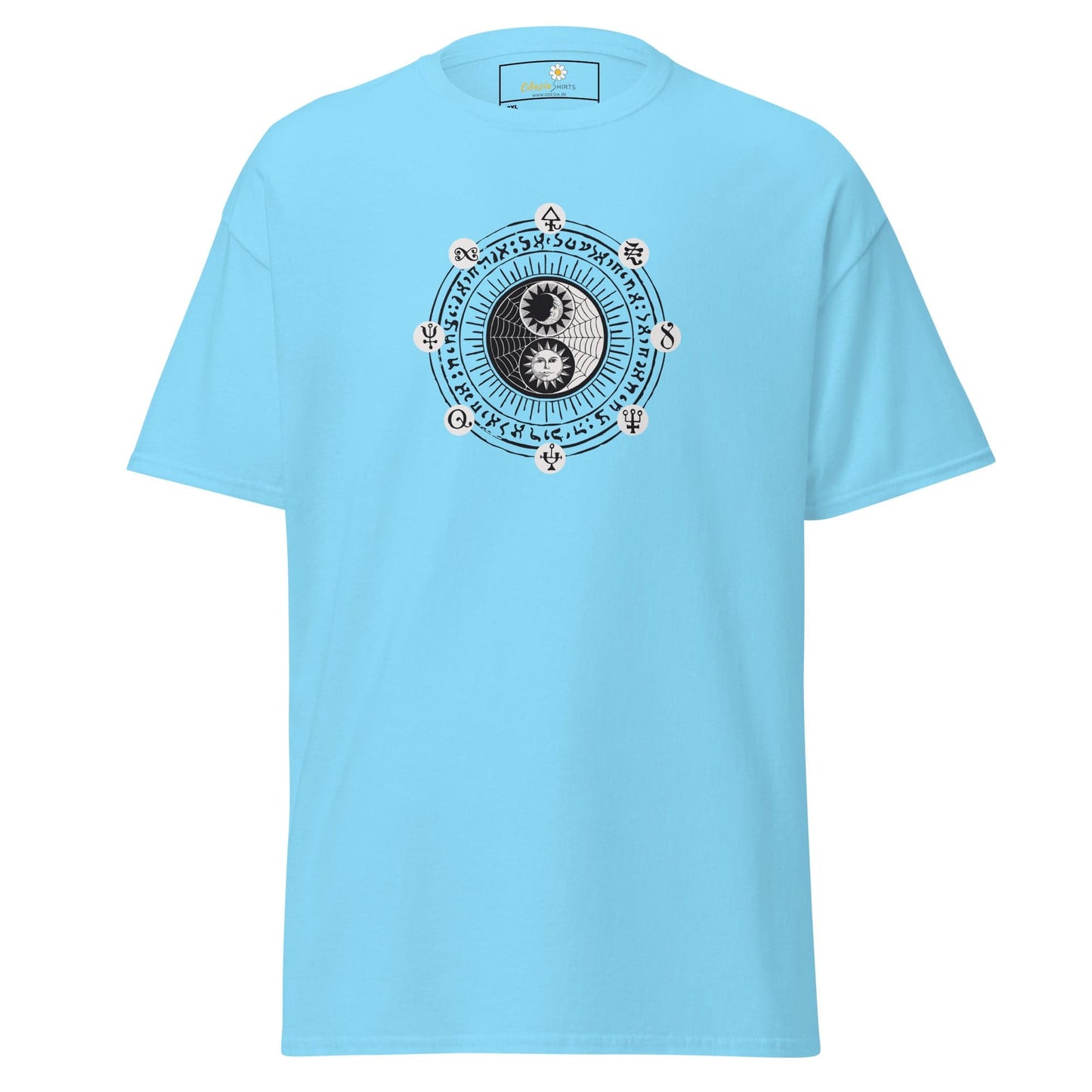 Light blue t-shirt with yin-yang design.