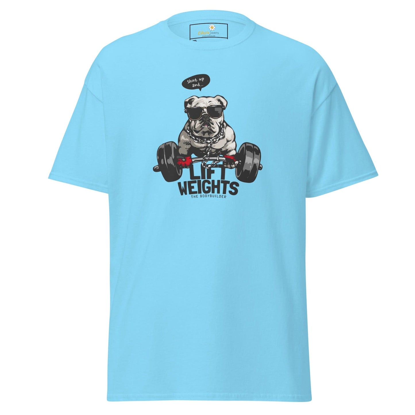 Light blue t-shirt with a dog lifting weights graphic.