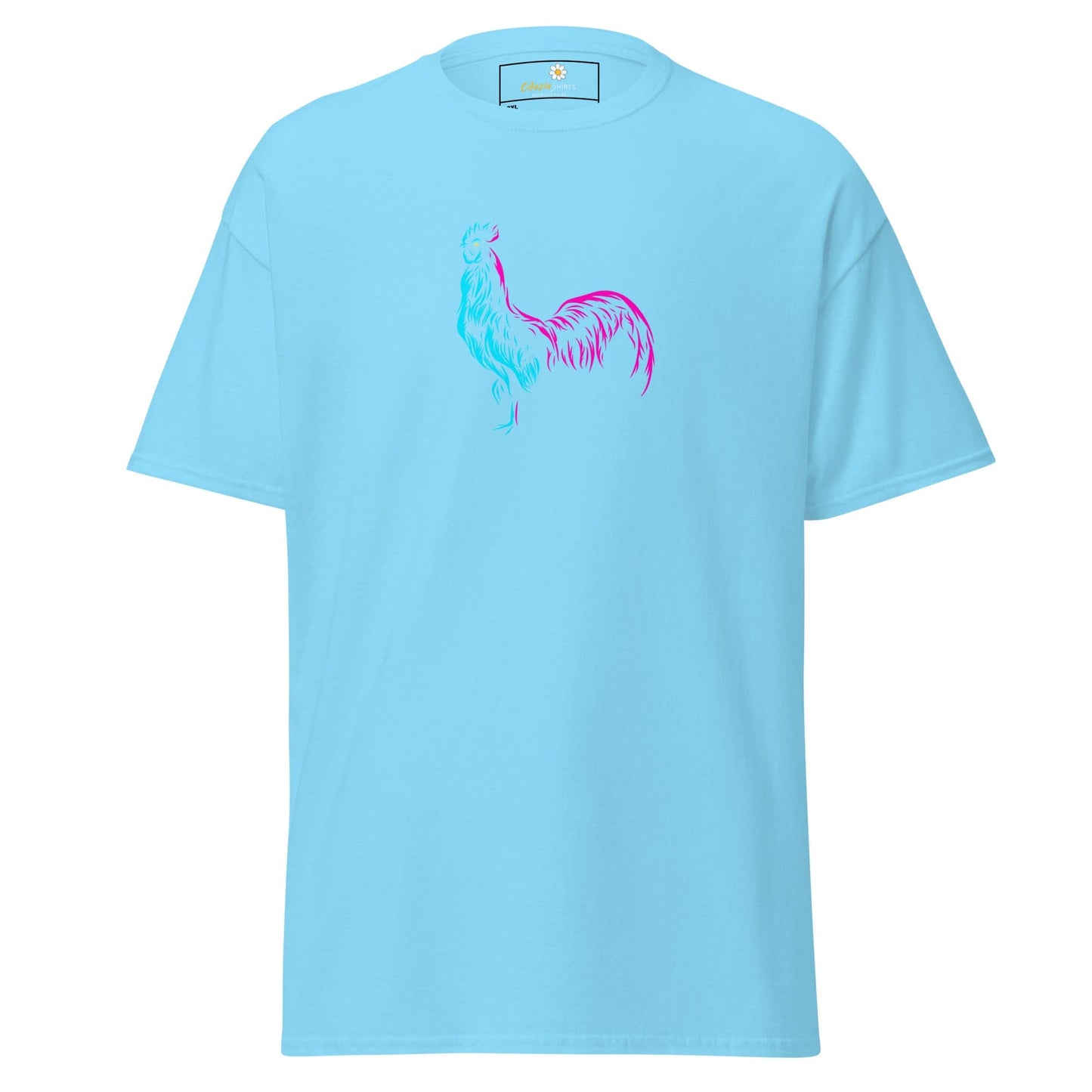 Light blue T-shirt with rooster design for men and women in sizes 2XL to 5XL