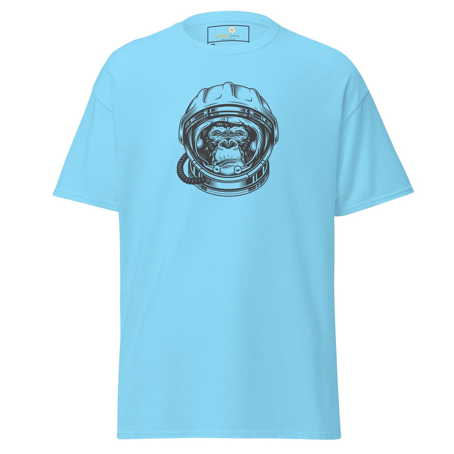 Light blue t-shirt featuring an astronaut monkey graphic, available in sizes 2XL to 5XL