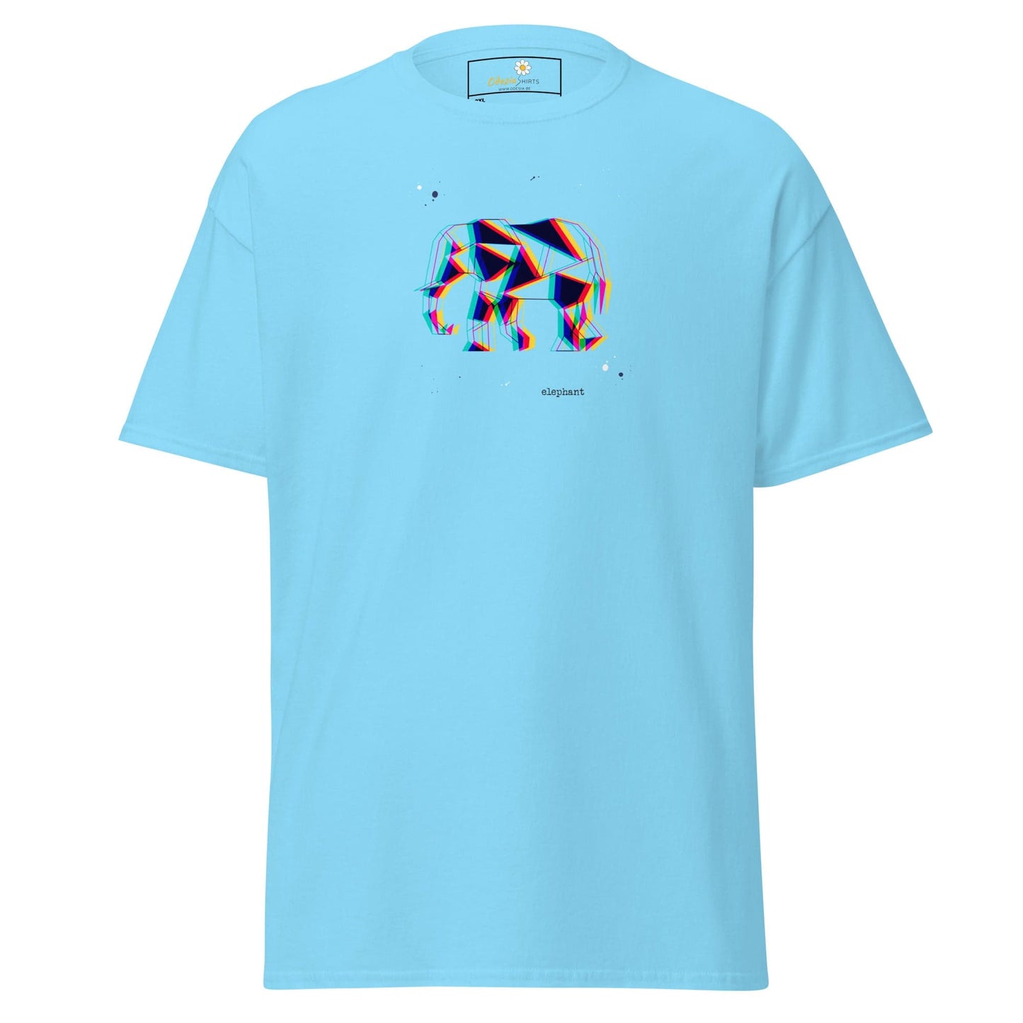Light blue t-shirt with geometric elephant design.