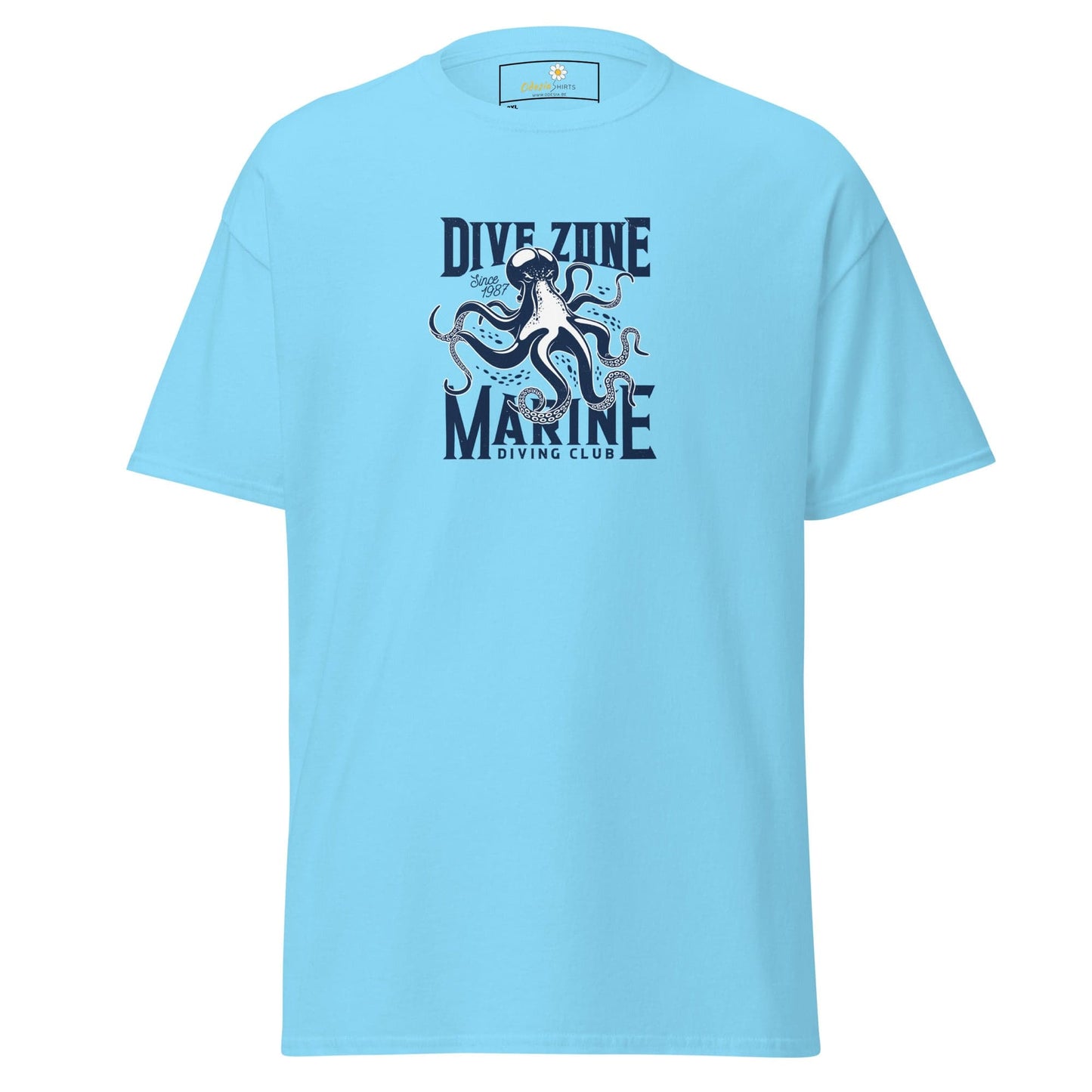 Light blue t-shirt with octopus graphic.