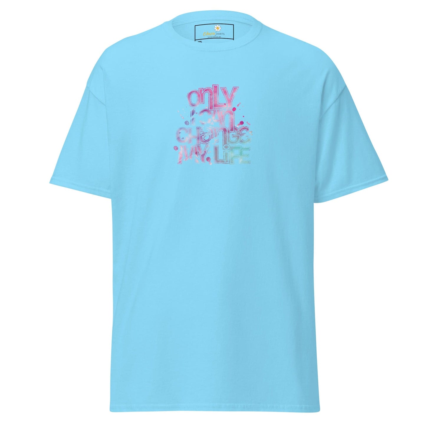 Light blue T-shirt with graphic design for men and women in 2XL to 5XL sizes