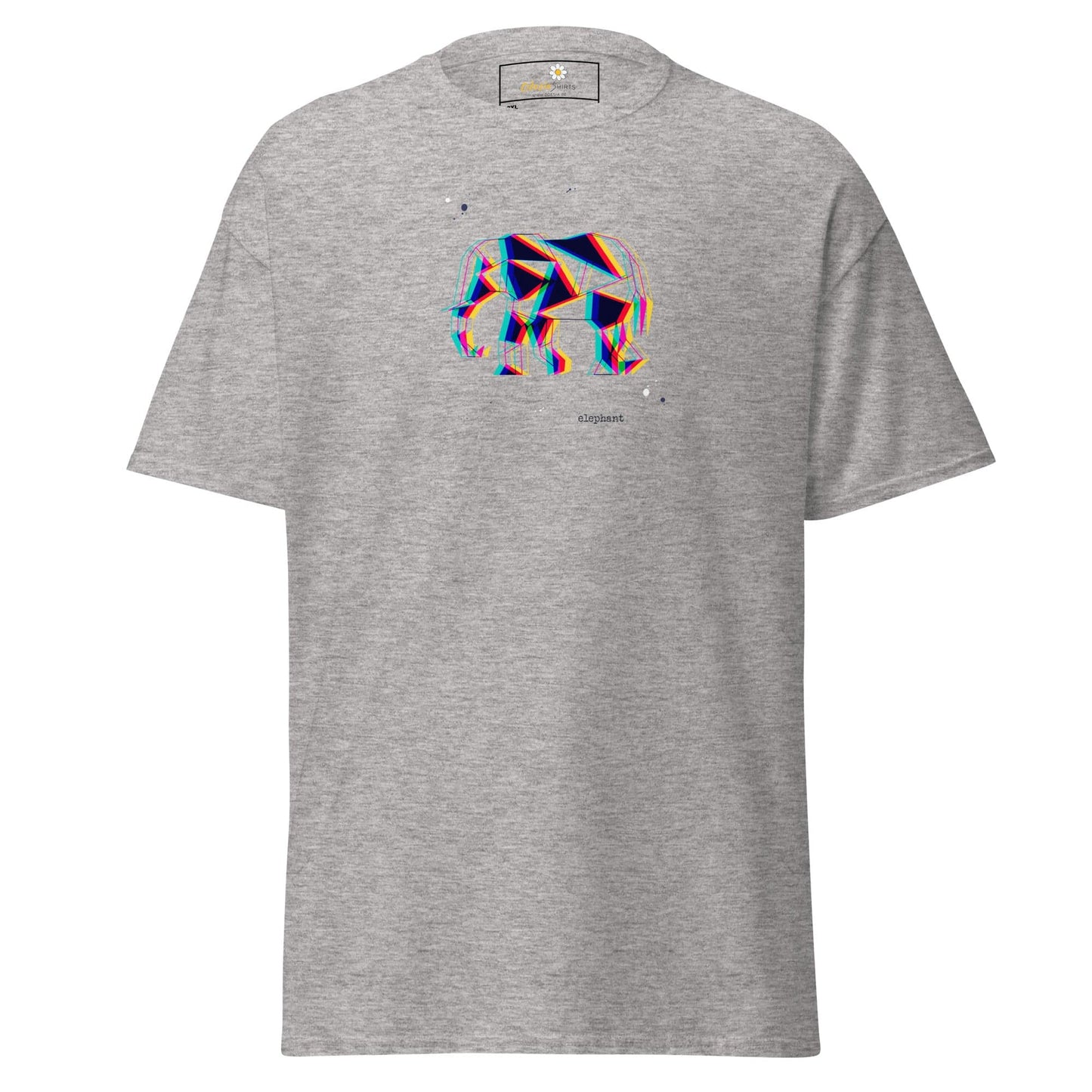 Gray t-shirt with geometric elephant design.