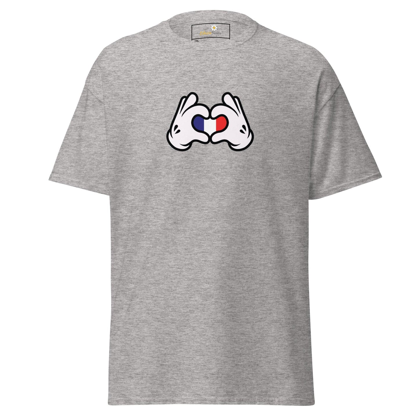 Gray t-shirt with heart-shaped hands.