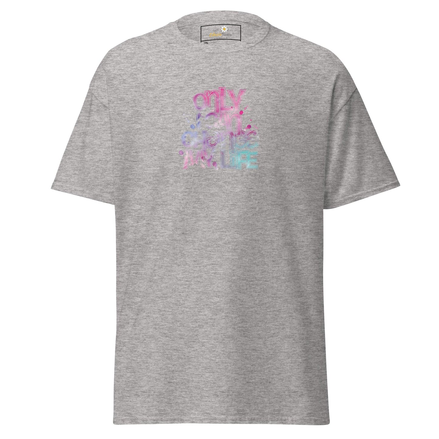 Gray T-shirt with colorful graphic design for men and women in 2XL to 5XL sizes