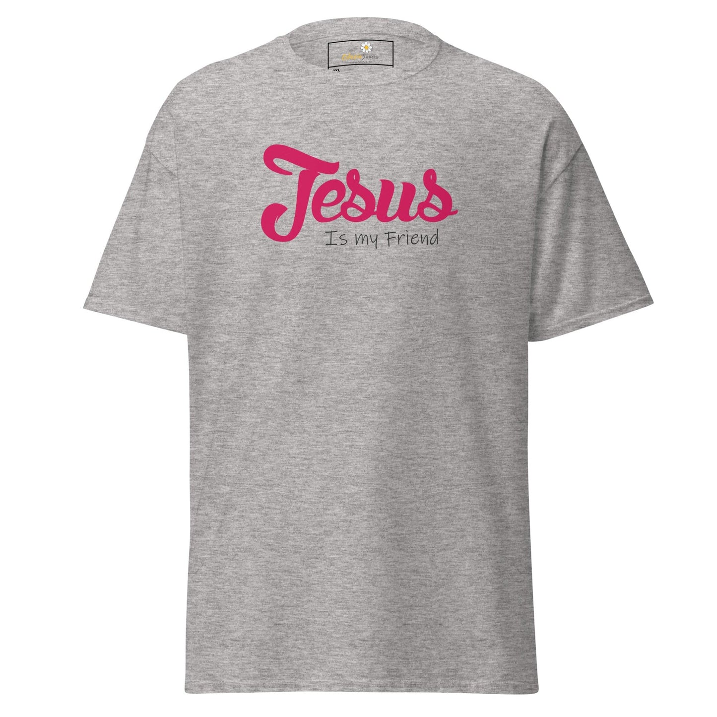Gray t-shirt with pink text.