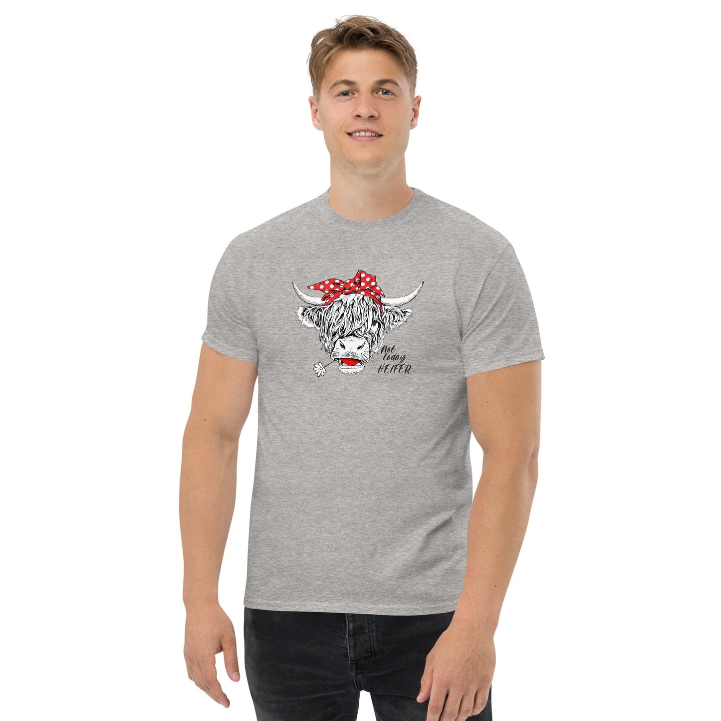 Gray t-shirt with cow graphic.