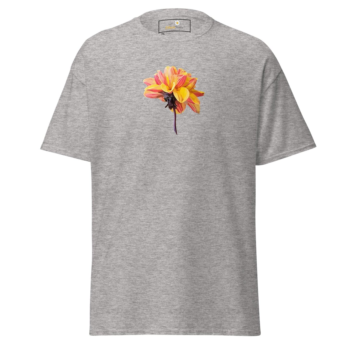 Gray t-shirt with flower.