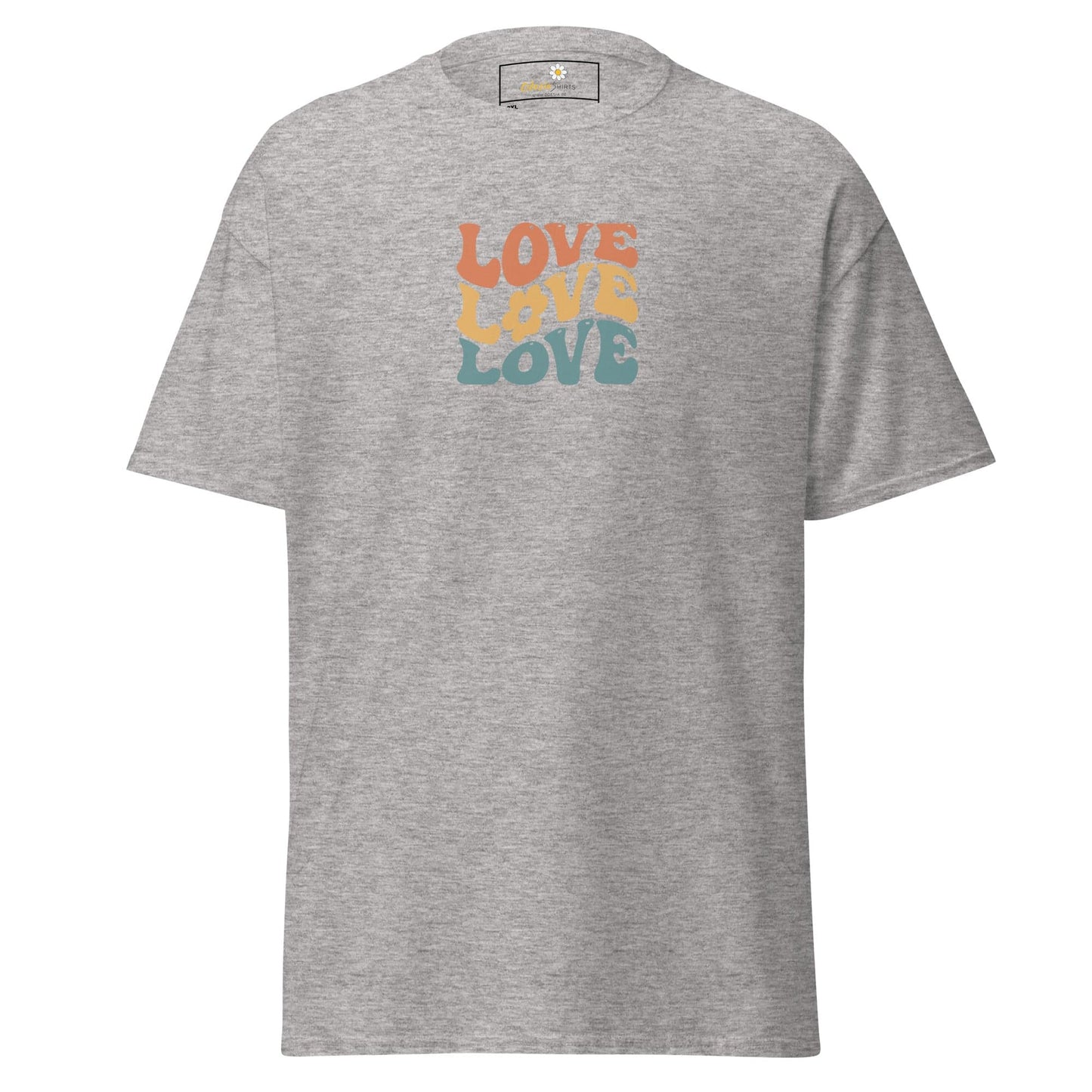 Gray t-shirt with ’LOVE’ print.