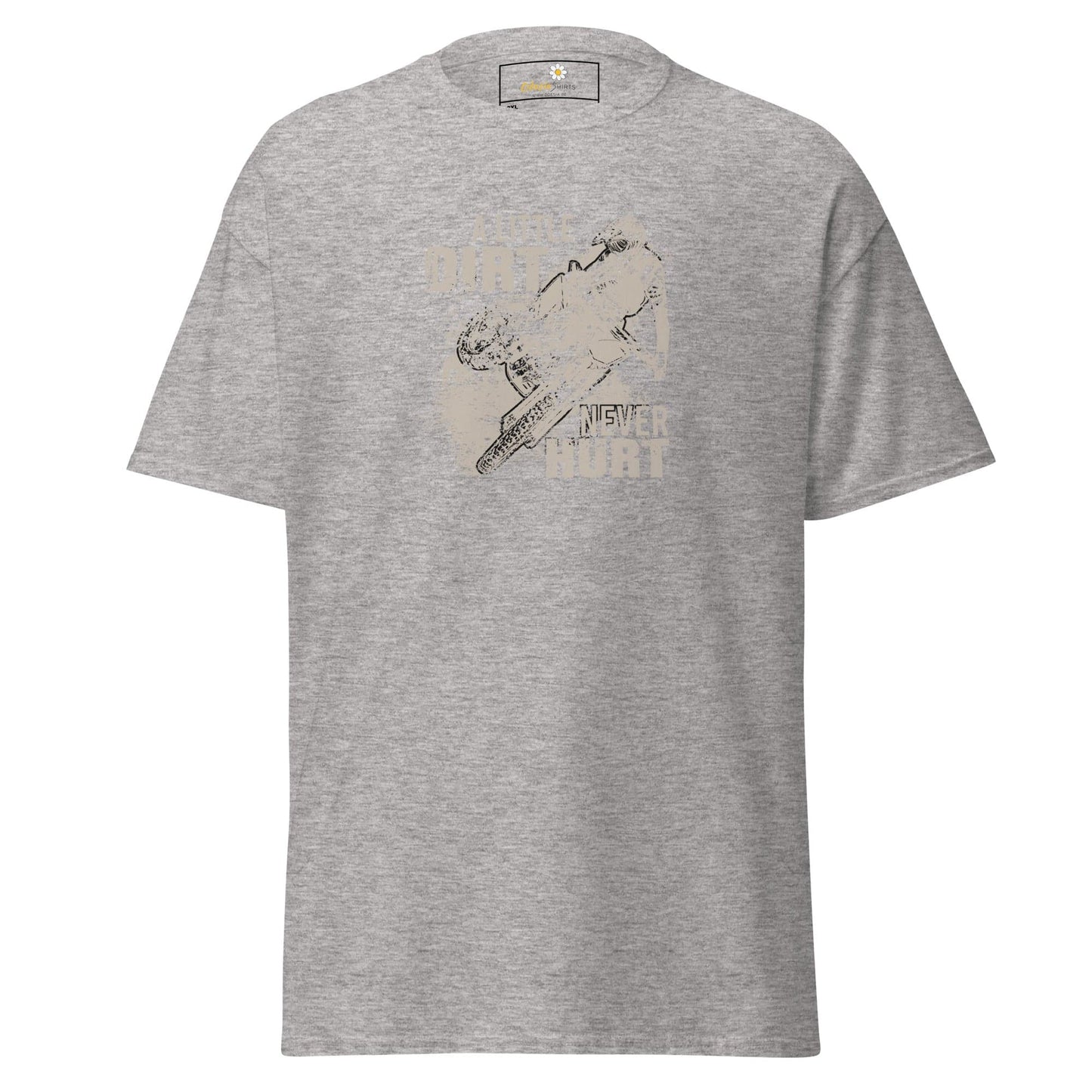 Gray graphic tee shirt.