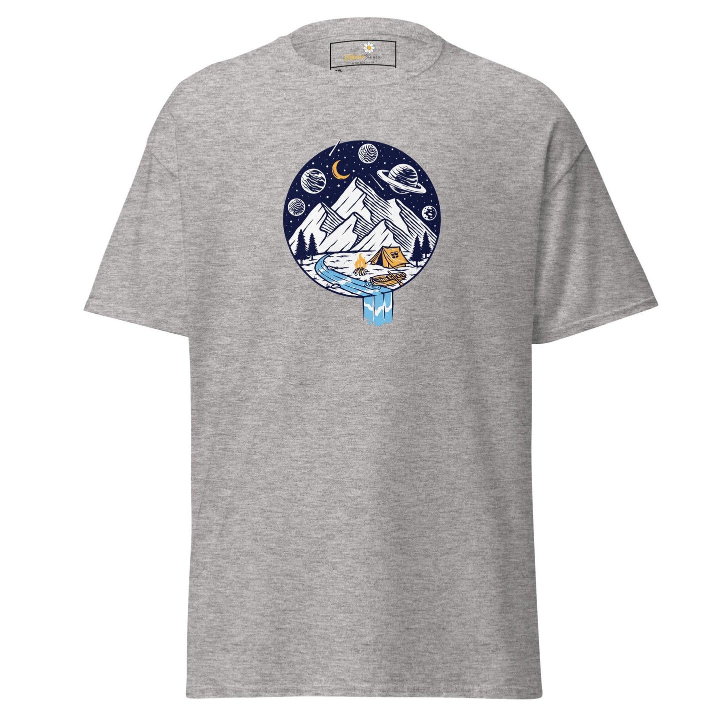 Gray t-shirt with mountain and space design.