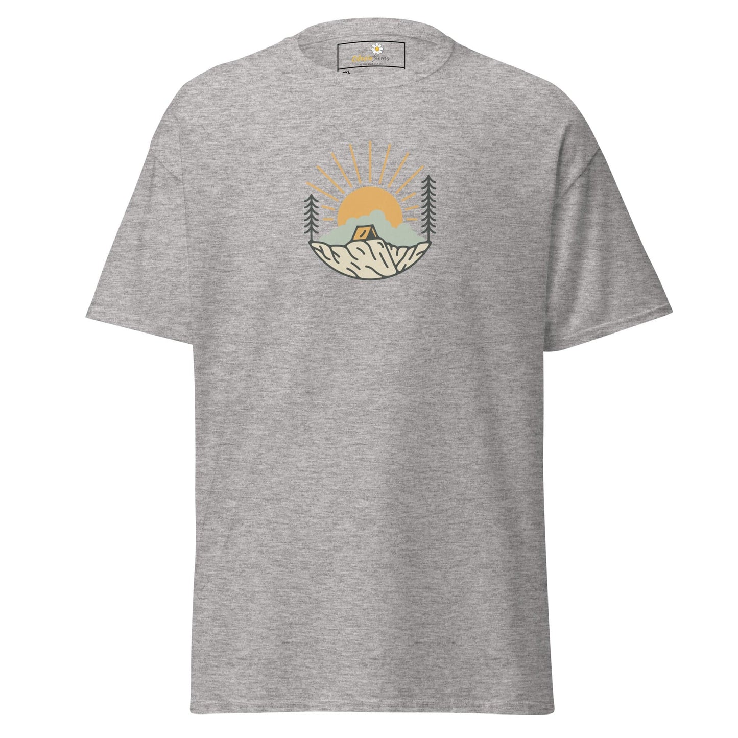Gray t-shirt with camping graphic.