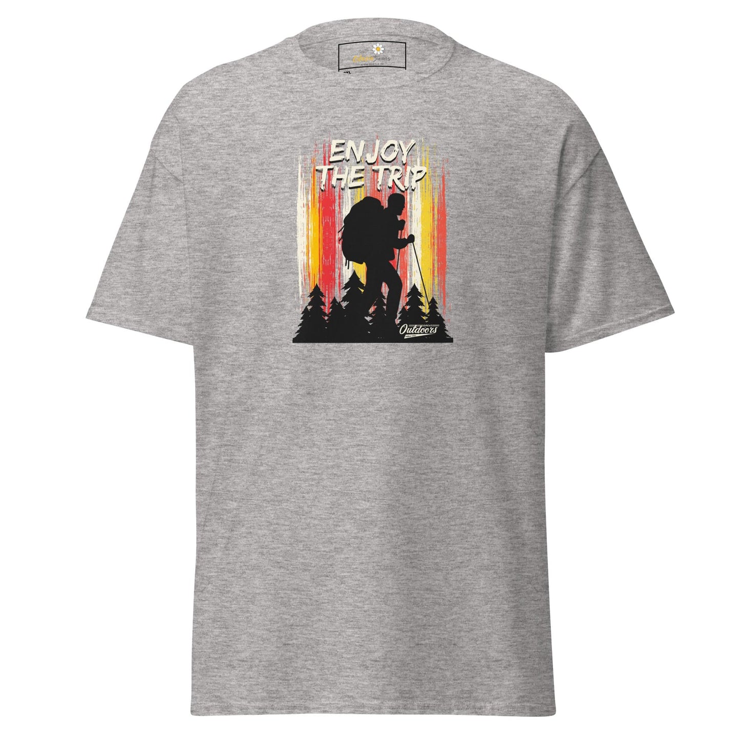 Gray t-shirt with hiker graphic.