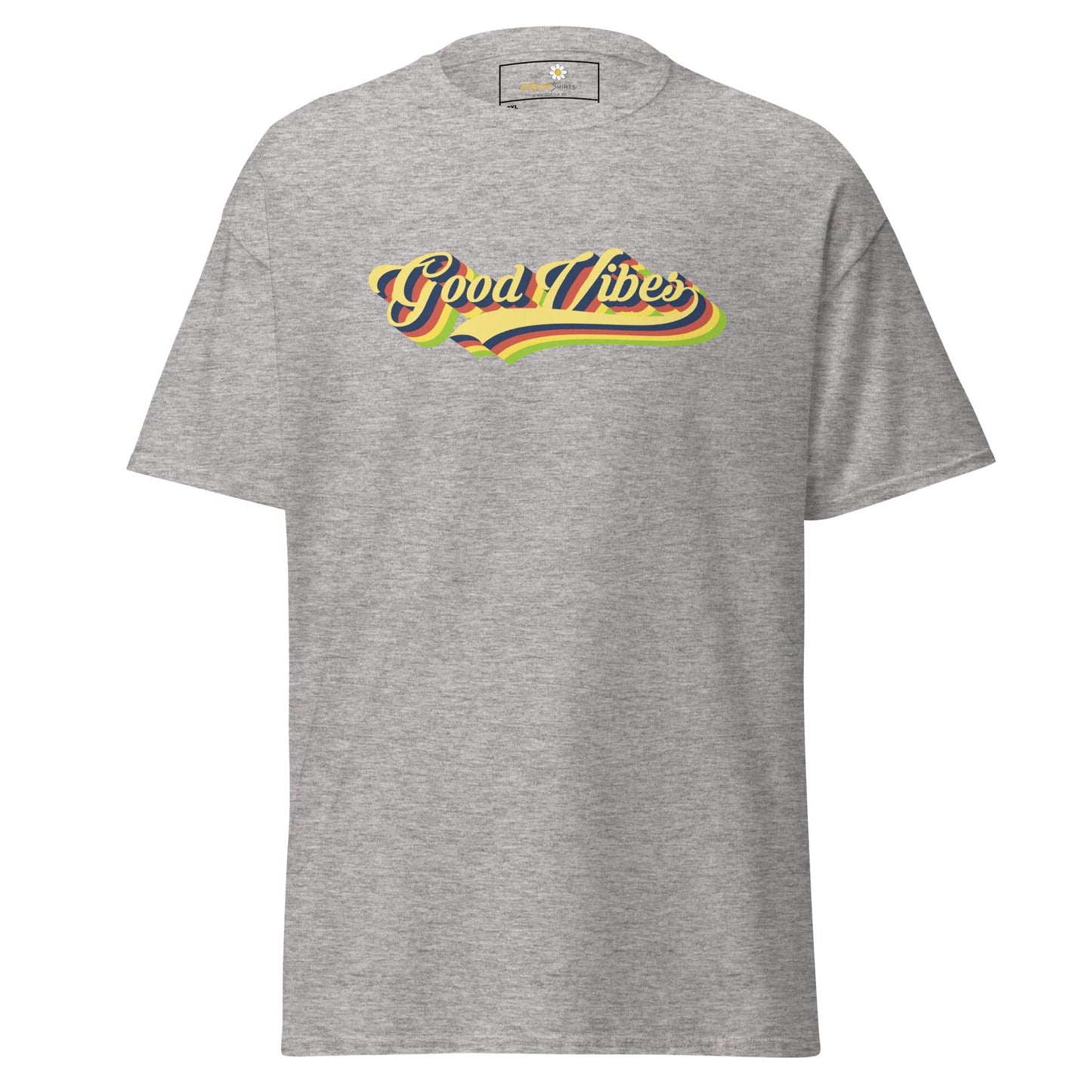 Gray t-shirt with ’Good Vibes’ text.
