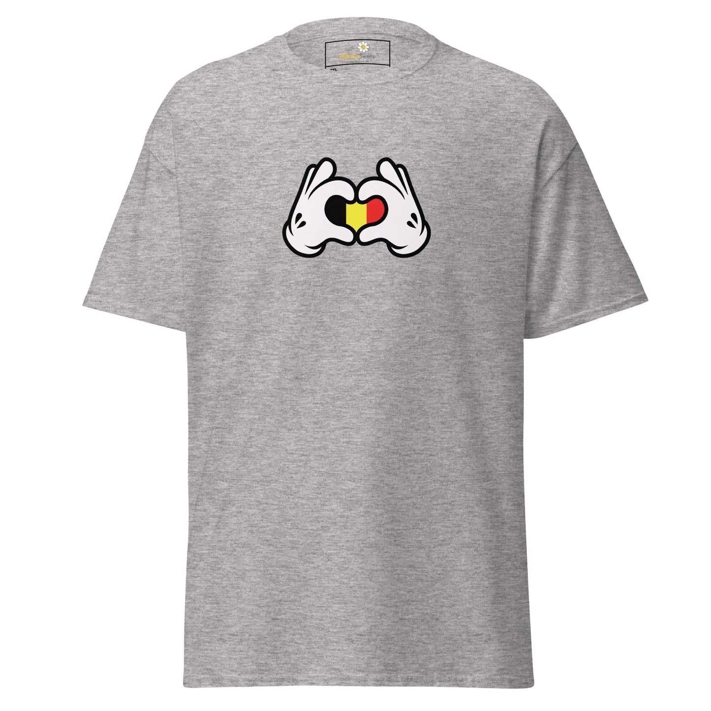 Gray t-shirt with heart-shaped hands.