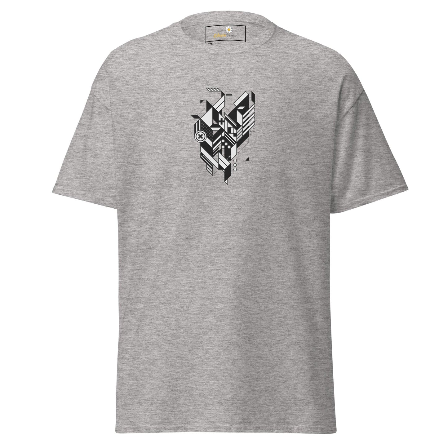 Gray t-shirt with geometric design.