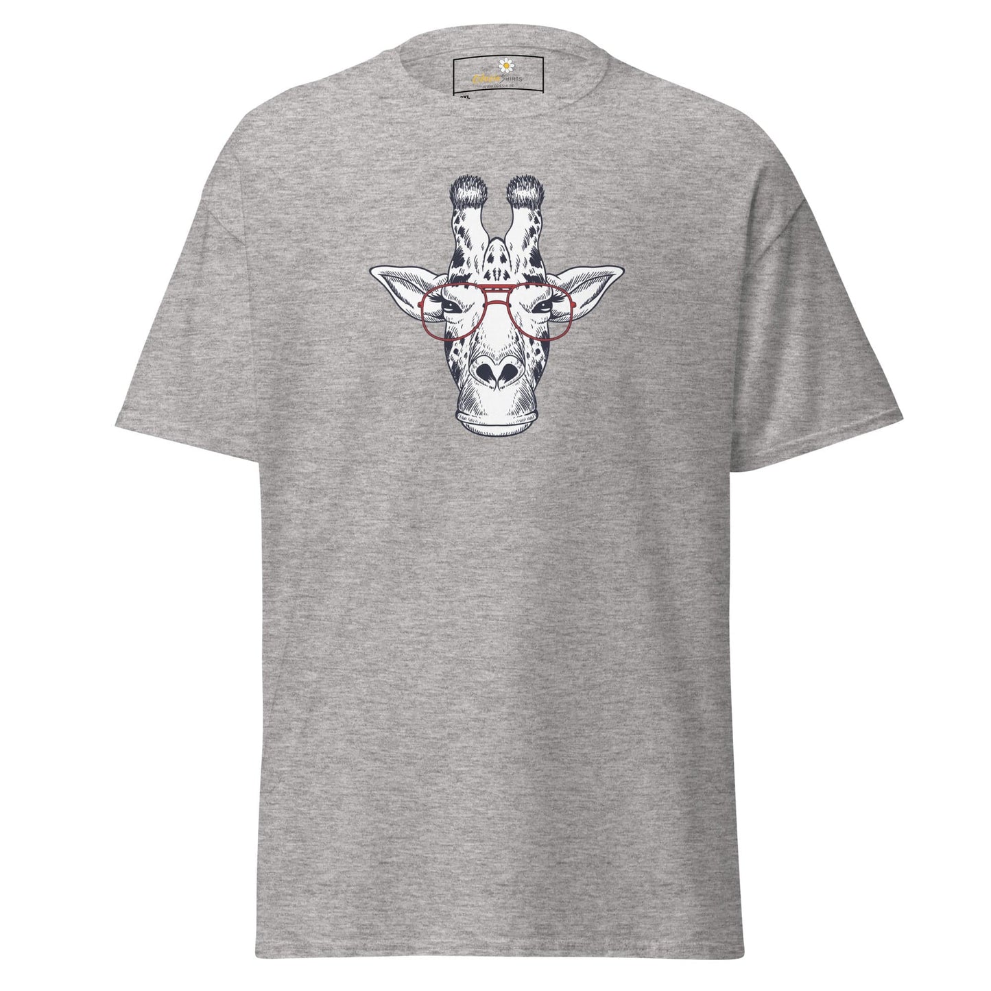 Gray T-shirt with a giraffe wearing glasses displayed in the T-SHIRT DESIGN TEE product