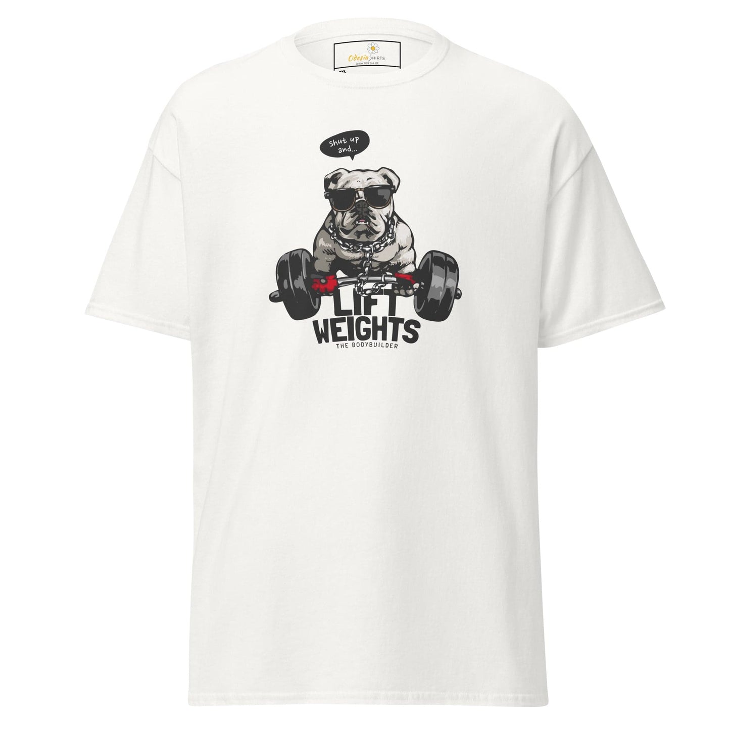 White t-shirt with bulldog weightlifter graphic.