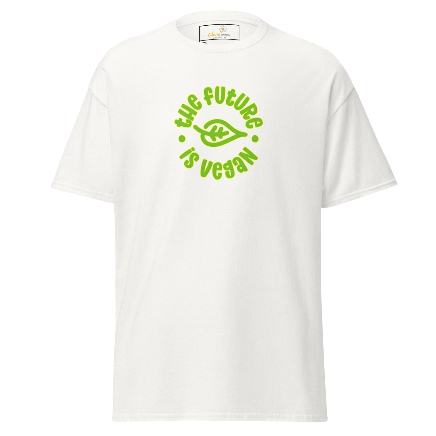 White t-shirt with vegan slogan.