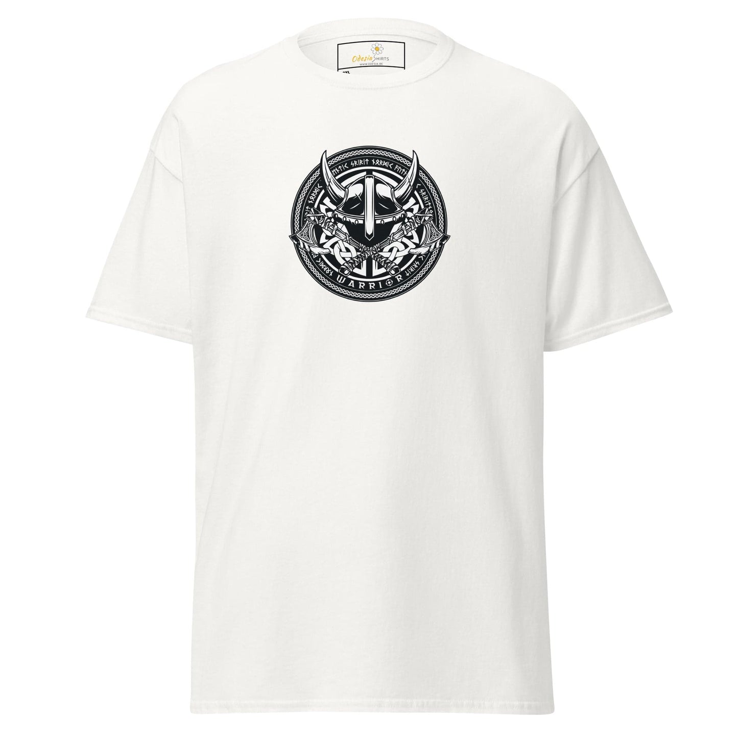 White t-shirt with a Viking helmet graphic.