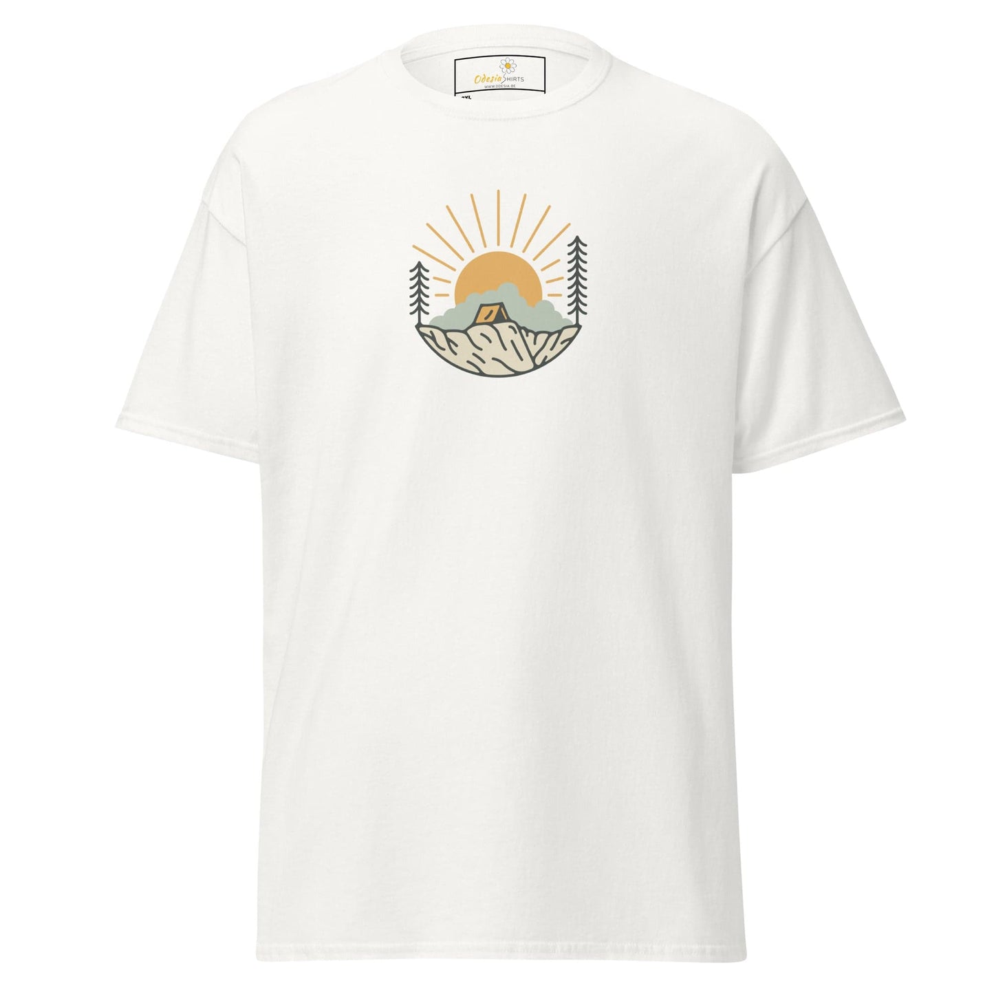 White t-shirt with camping graphic.