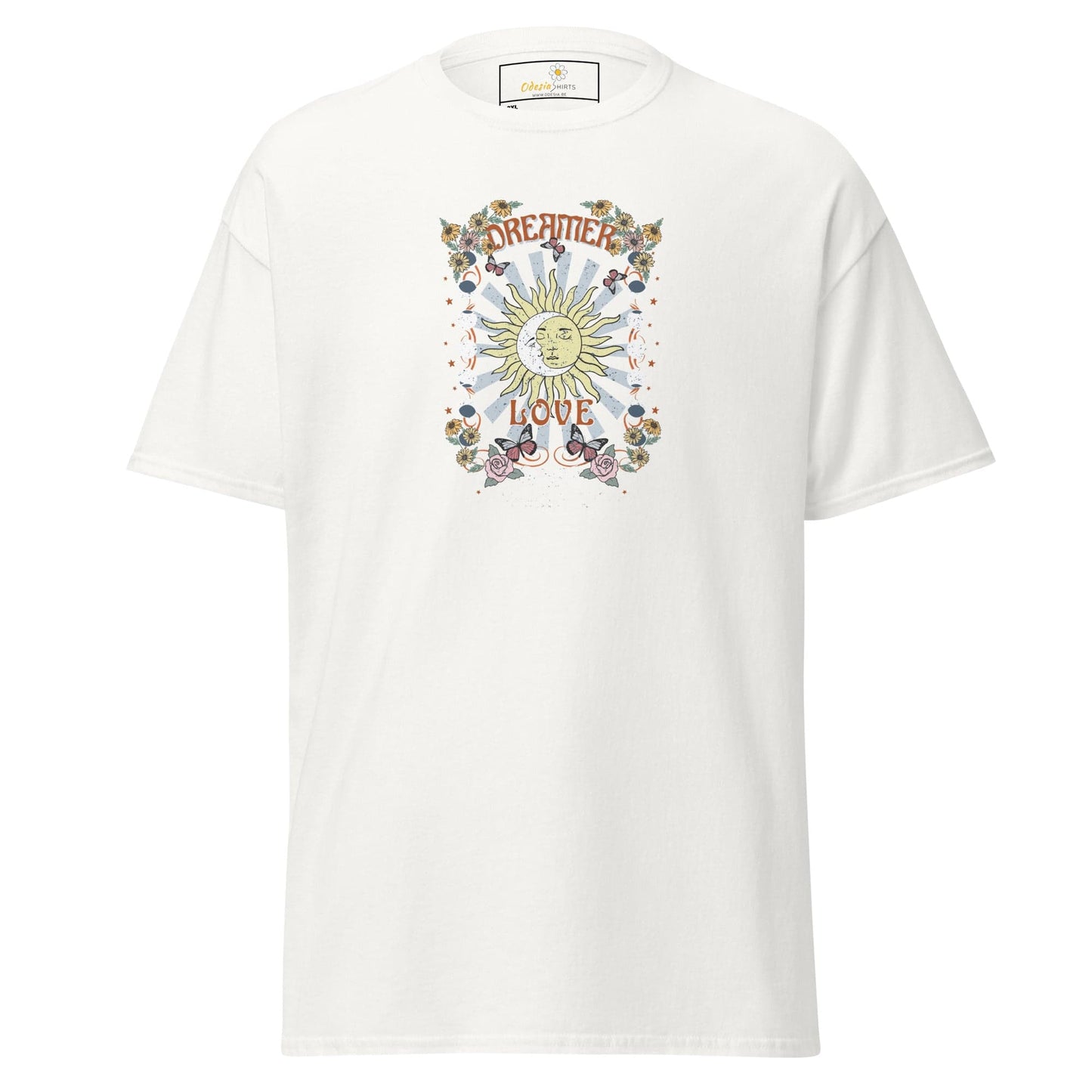 White t-shirt with sun and butterfly graphic.
