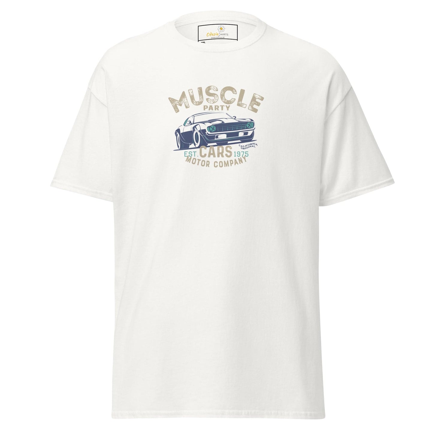 White t-shirt with car graphic.