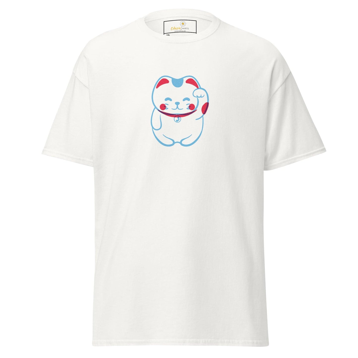 White T-shirt with cartoon cat design from T-SHIRT DESIGN TEE for Men and Women