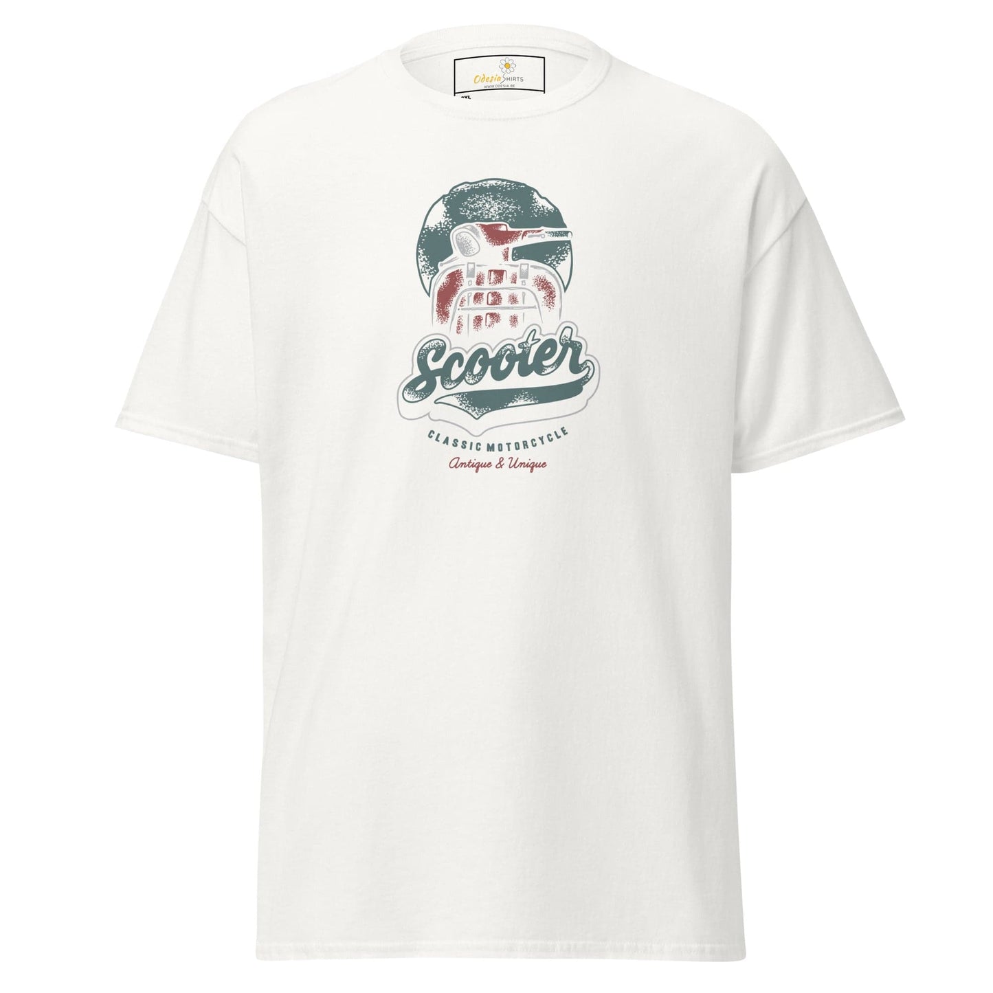 White t-shirt with scooter graphic.